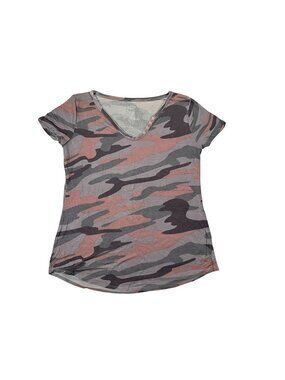 Maurices 24/7 Womens V-Neck Camouflage Shirt Small Pink Gray Stretchy Casual Tee
